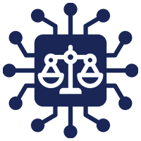Scales of justice icon connected with circuit lines, symbolizing technology and law integration.