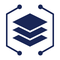 Icon of three stacked squares inside a hexagonal outline with circles at each corner.