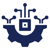 A blue icon of a gear with digital circuit lines extending upwards, symbolizing technological integration or innovation.